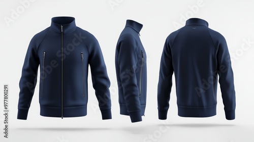 navy blue tracksuit top, jacket design, sportswear, track front, side and back views, 3d illustration, 3d rendering 