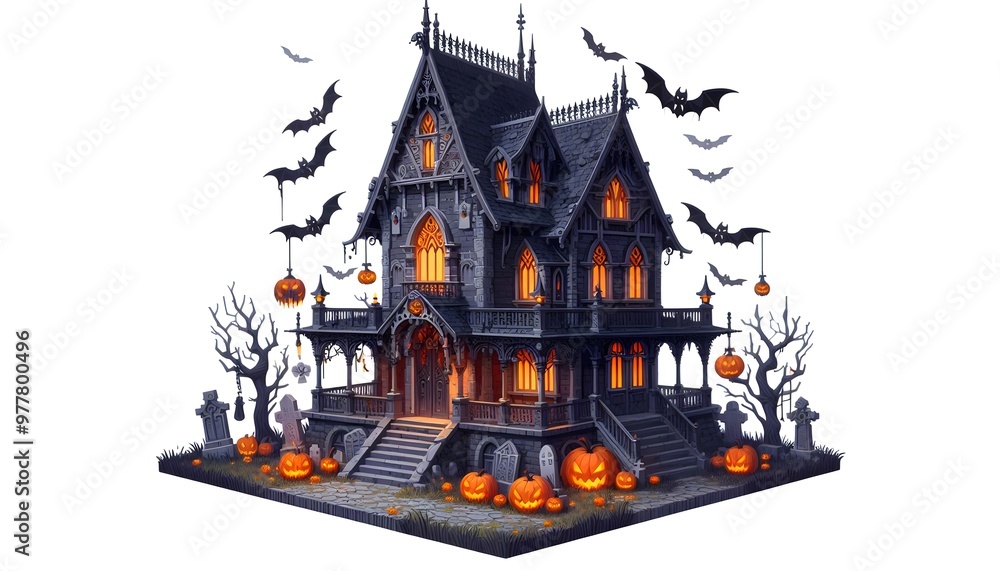 Fototapeta premium Halloween spooky house 3d design isolated on white background