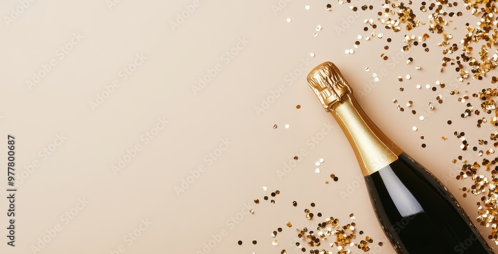 Fototapeta premium A champagne bottle surrounded by glitter with copy space, perfect for New Year's celebrations or festive occasions.
