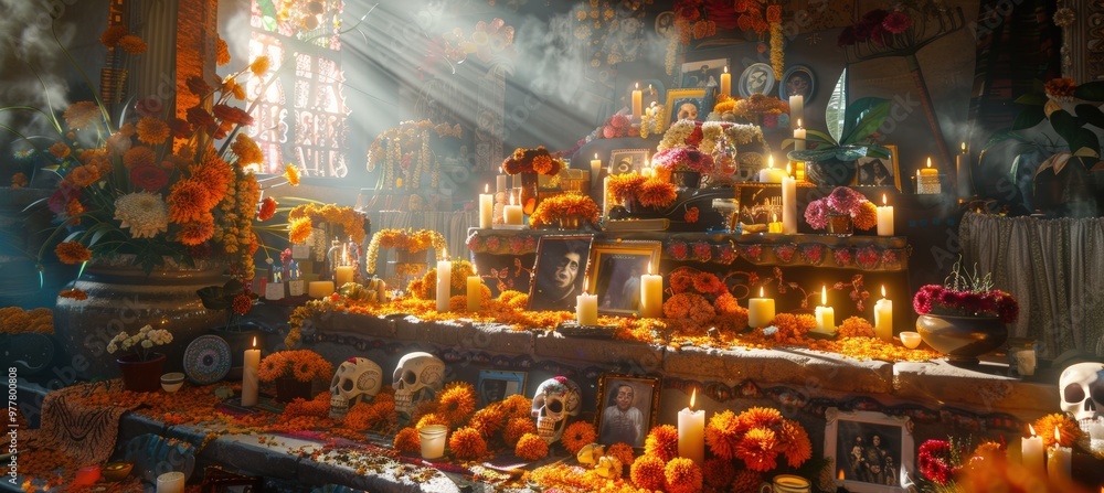 Vibrant Day of the Dead Altar with Candles, Sugar Skulls, Marigolds, and Ancestor Photos in Sunlight Vibrant Day of the Dead Altar with Candles, Sugar Skulls, Marigolds, and Ancestor Photos in Sunlight