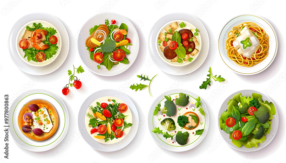 set of plates of food isolated on a white background, top view set of plates of food isolated on a white background, top view