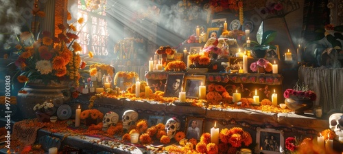 Vibrant Day of the Dead Altar with Candles, Sugar Skulls, Marigolds, and Ancestor Photos in Sunlight