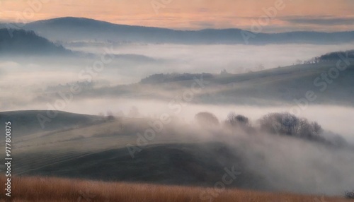 Fog Rolling Over Rolling Hills at Dawn, Creating a Mystical Atmosphere