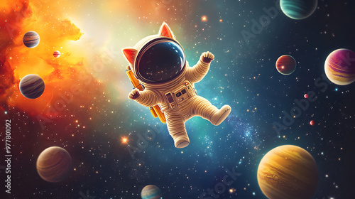 Fototapeta Naklejka Na Ścianę i Meble -  Cat Astronaut flying outer space among colorful planets and stars 3D cartoon illustration