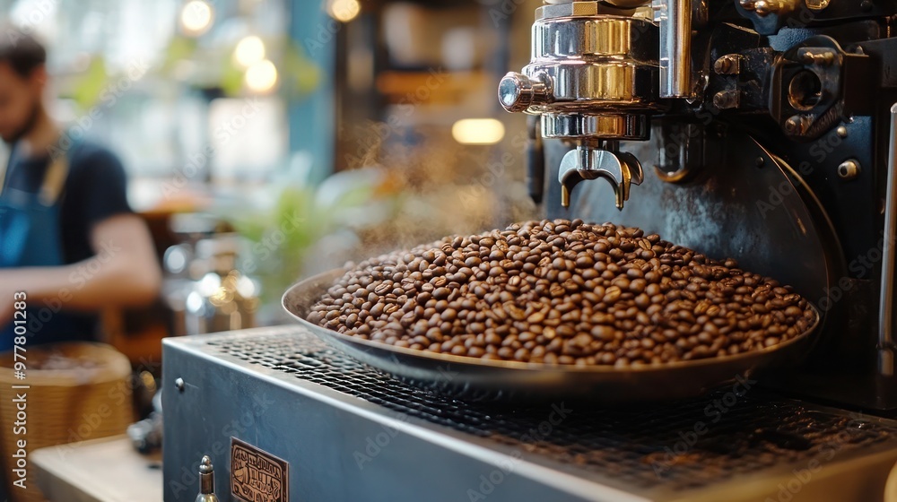 Modern coffee bean roasting machine, Coffee processing, Roastery, roasting machine and fresh beans. Modern coffee bean roasting machine, Coffee processing, Roastery, roasting machine and fresh beans.