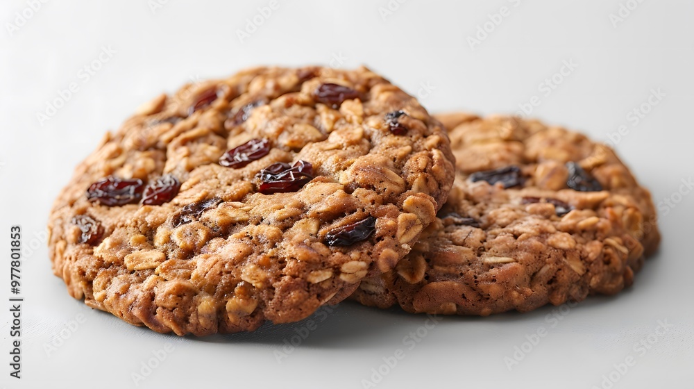 Two oatmeal raisin cookies on white background. Close-up of healthy homemade cookies for bakery marketing, recipe design, or food blog. Delicious snack with oats and raisins. Two oatmeal raisin cookies on white background. Close-up of healthy homemade cookies for bakery marketing, recipe design, or food blog. Delicious snack with oats and raisins.