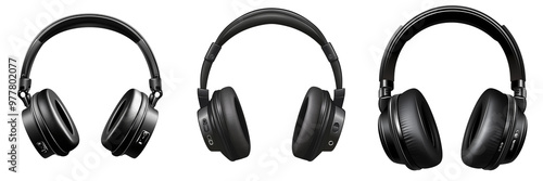 Set of a black headphones, a vector graphic, isolated on a transparent background.