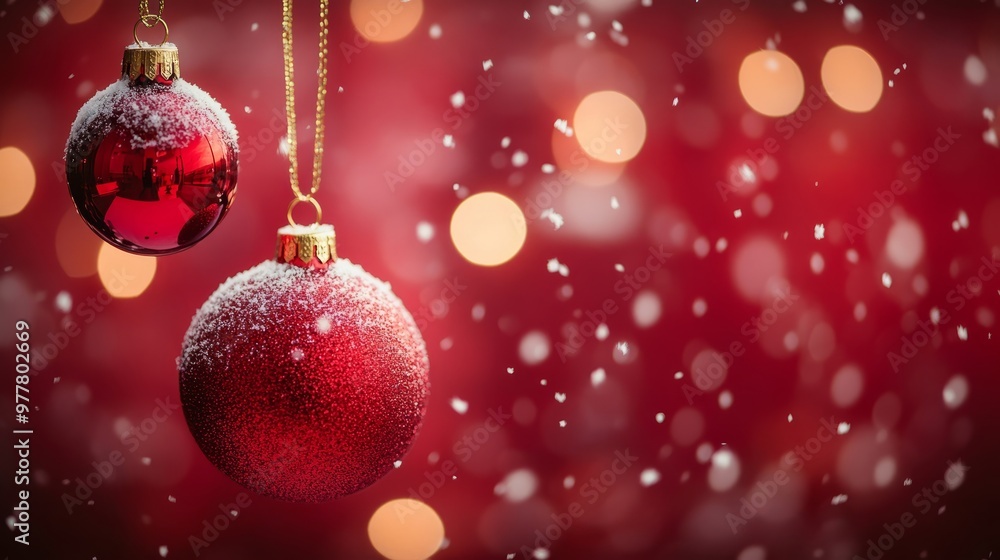 Festive red christmas baubles suspended against a snowy background with bokeh ambiance Festive red christmas baubles suspended against a snowy background with bokeh ambiance