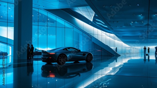 shot of an event hall hosting a car show, big exposition, modern architecture, subtle blue hue navy blue and bright blue  photo