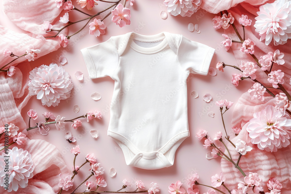 A white baby bodysuit surrounded by pink flowers and soft fabrics on a pink background. A white baby bodysuit surrounded by pink flowers and soft fabrics on a pink background.