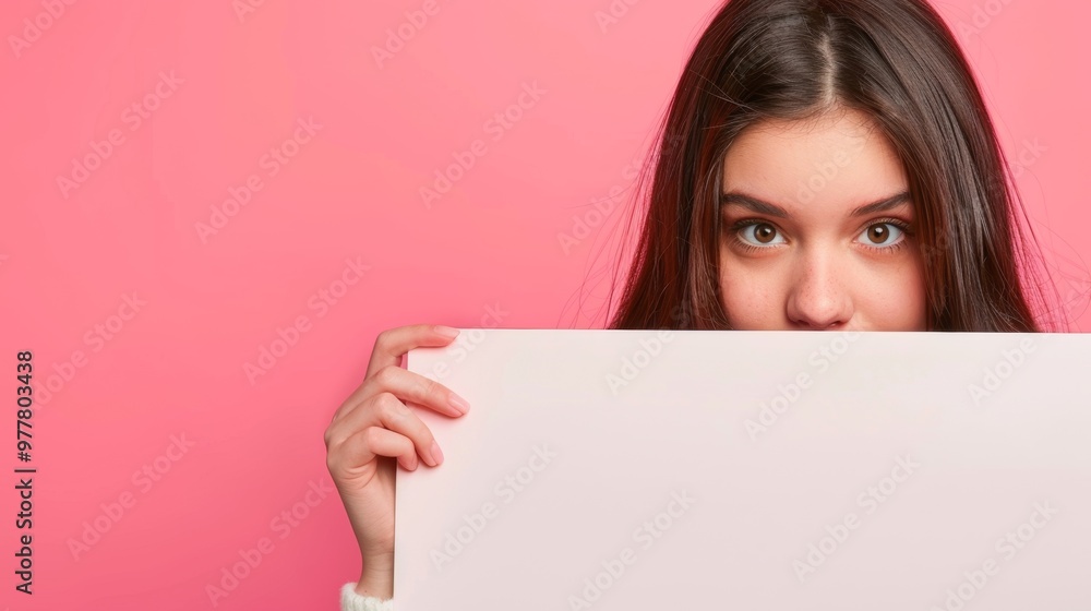 News Wall, positive childish playful girlfriend head face hide behind empty blank space isolated on pink color background News Wall, positive childish playful girlfriend head face hide behind empty blank space isolated on pink color background