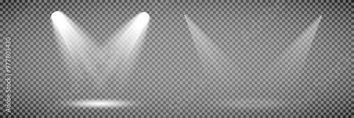 Scene illumination collection, transparent effects. Bright lighting with spotlights.
