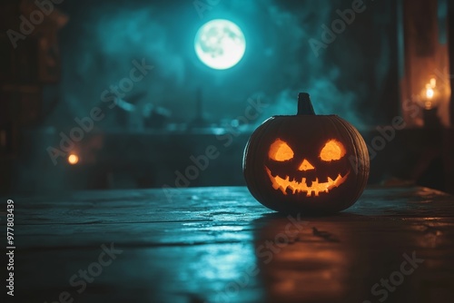 Spooky night photography of jack o  lantern on table under full moon   halloween vibes photo