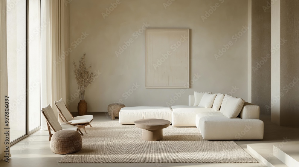 Minimalist living room with neutral tones and natural textures Minimalist living room with neutral tones and natural textures