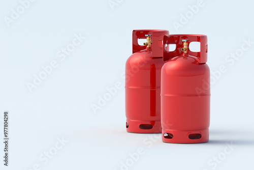 Two gas cylinders on gray background. Lpg tank. Liquified methane, propane or butane. Kitchen equipment for cooking. Flammable material. Copy space. 3d render photo