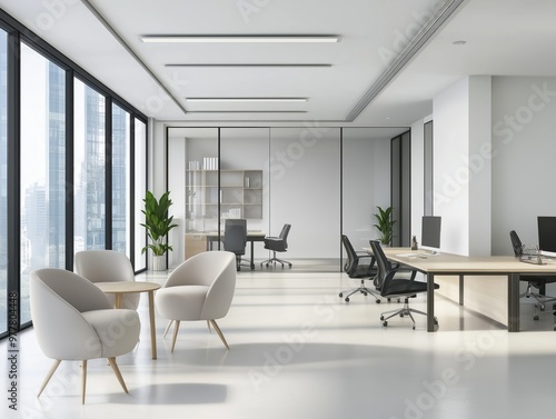 Modern office with sleek furniture and glass partitions