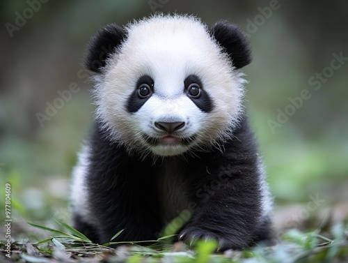 Adorable Giant Panda Cub Exploring Nature in Its Natural Habitat with Curious Expression