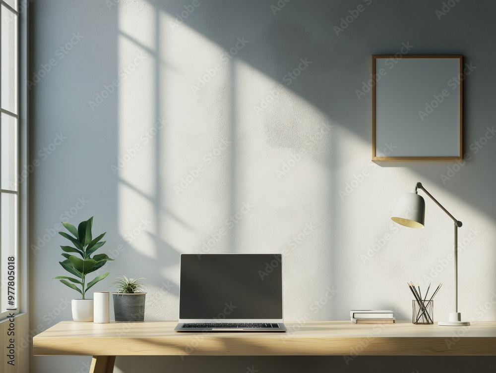 Fototapeta premium Minimalist workspace with laptop and natural light