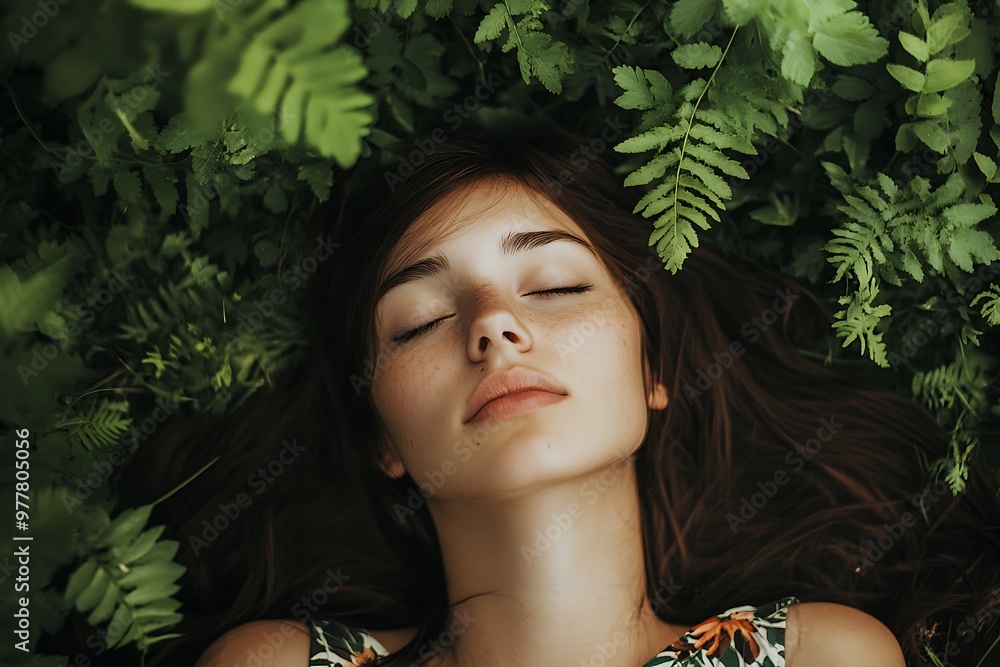 Woman lying in a field of green ferns, a concept of peace and relaxation in nature Woman lying in a field of green ferns, a concept of peace and relaxation in nature