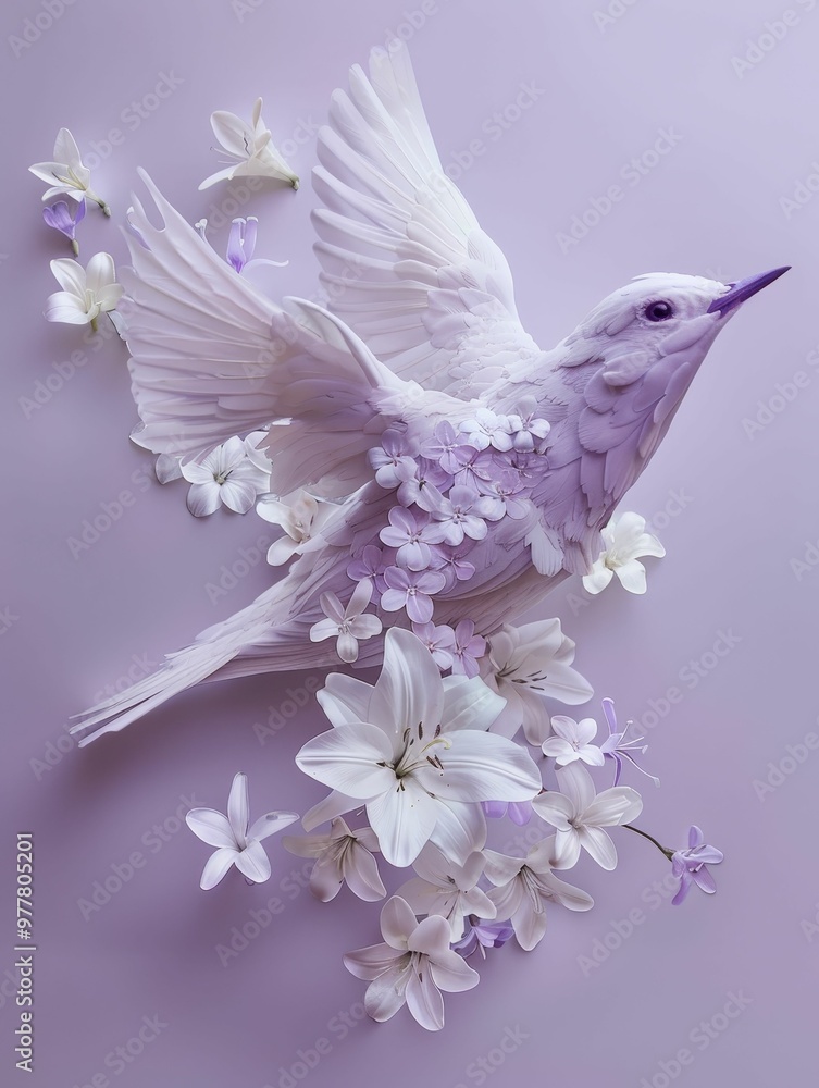 Fototapeta premium A delicate bird surrounded by soft flowers, embodying tranquility and nature's beauty in pastel hues.