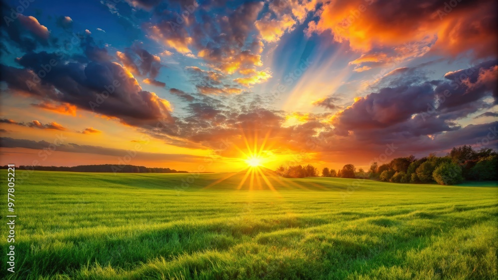 Vibrant sunset over a lush green grass field Vibrant sunset over a lush green grass field