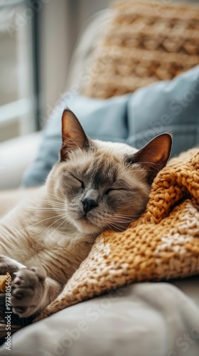 A peaceful cat snoozes on a couch, nestled in a cozy blanket, exuding warmth and tranquility. photo