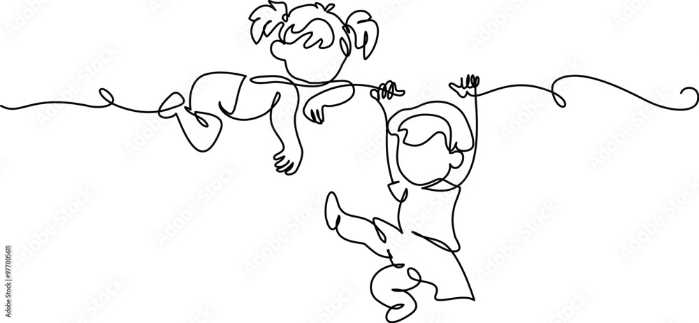 Little girls playing on branch of tree. Continuous One line drawing Little girls playing on branch of tree. Continuous One line drawing