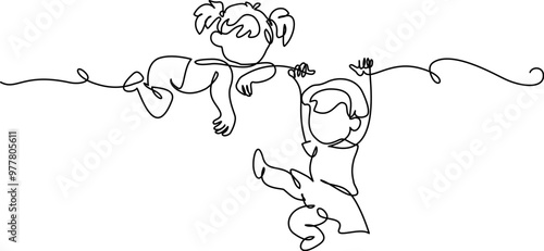 Little girls playing on branch of tree. Continuous One line drawing