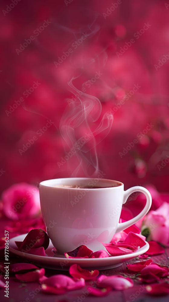 A steaming cup of tea surrounded by vibrant rose petals, evoking warmth and romance in a plush, elegant setting. A steaming cup of tea surrounded by vibrant rose petals, evoking warmth and romance in a plush, elegant setting.