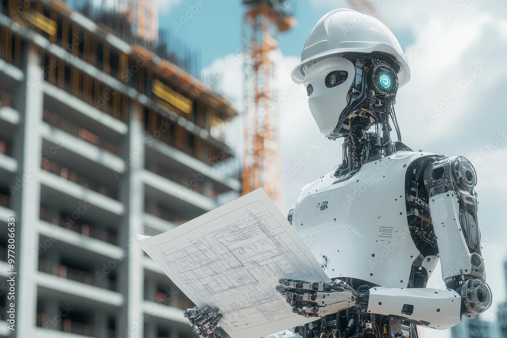 Robot foreman engineer with construction drawings at tower crane site     ai technology concept