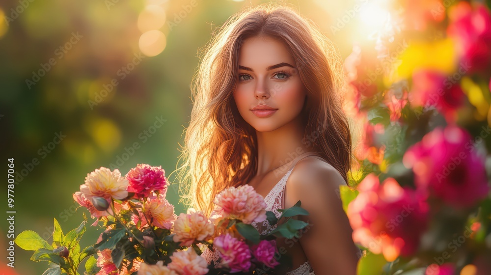 A beautiful woman stands in a garden, surrounded by vibrant flowers, radiating joy and serenity in the golden sunlight. A beautiful woman stands in a garden, surrounded by vibrant flowers, radiating joy and serenity in the golden sunlight.
