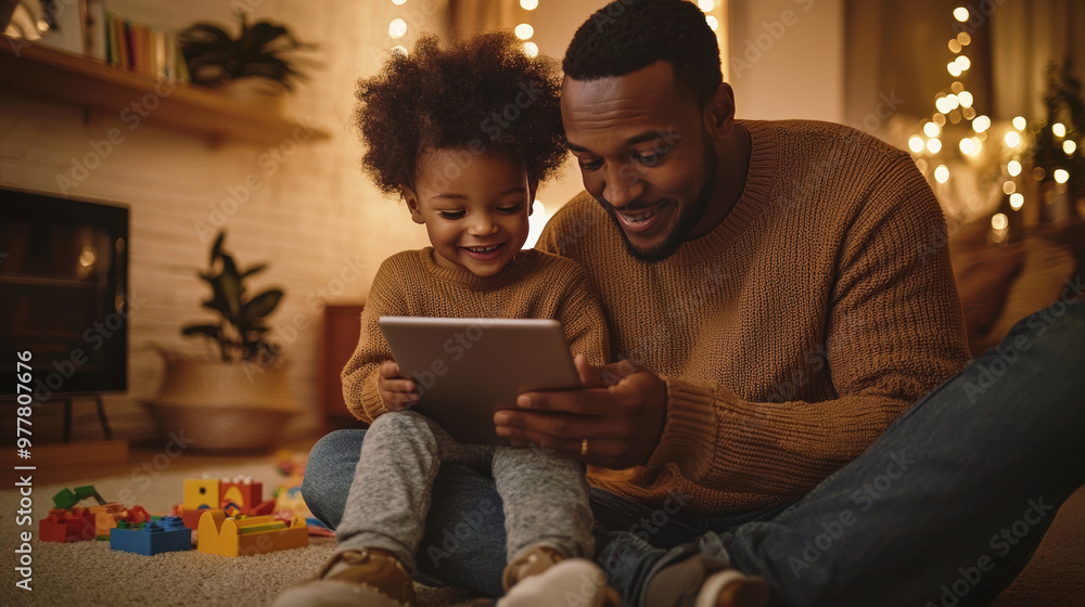 Father and Son on Video Call in Cozy Living Room - Family Time, Tech Connection, Warm Interior Father and Son on Video Call in Cozy Living Room - Family Time, Tech Connection, Warm Interior
