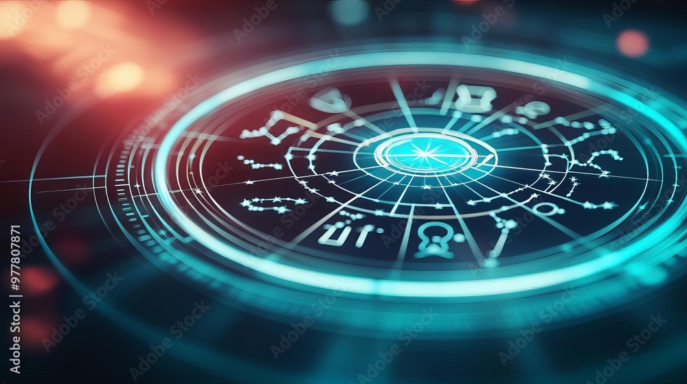 Digital horoscope wheel with today's predictions highlighted, interactive and modern Digital horoscope wheel with today's predictions highlighted, interactive and modern