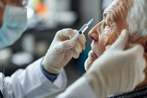 Close-up of a doctor in a glove giving an injection on the face of a man in a clinic.