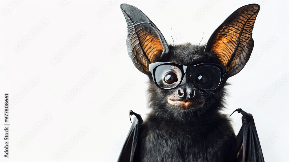 Cute bat wearing large black glasses, staring directly with a playful expression. Isolated on a white background with copy space, ideal for creative and fun promotional content Cute bat wearing large black glasses, staring directly with a playful expression. Isolated on a white background with copy space, ideal for creative and fun promotional content