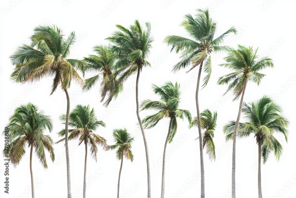 A serene collection of palm trees swaying gently in the breeze against a bright white background. A serene collection of palm trees swaying gently in the breeze against a bright white background.