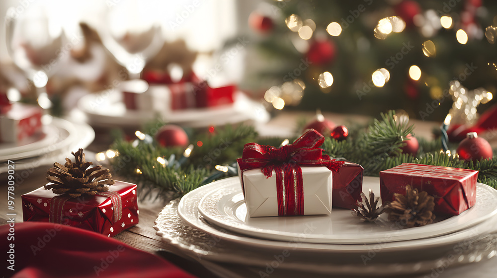 A beautifully decorated Christmas table with small gift boxes placed beside each plate ready for dinner guests. A beautifully decorated Christmas table with small gift boxes placed beside each plate ready for dinner guests.