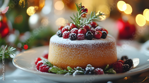 A beautifully presented Christmas cake topped with powdered sugar berries and a sprig of rosemary set on a festive dinner table. photo