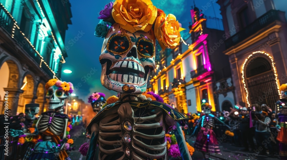 Fototapeta premium Day of the Dead Parade in Mexico City Dusk with Colorful Floats, Costumes, and Skull Face Paint