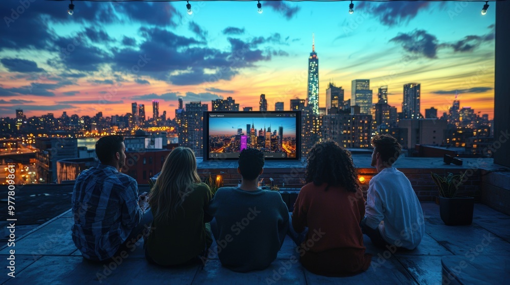 Fototapeta premium Friends Enjoying a Rooftop Video Call at Twilight with Stunning Urban Skyline Backdrop