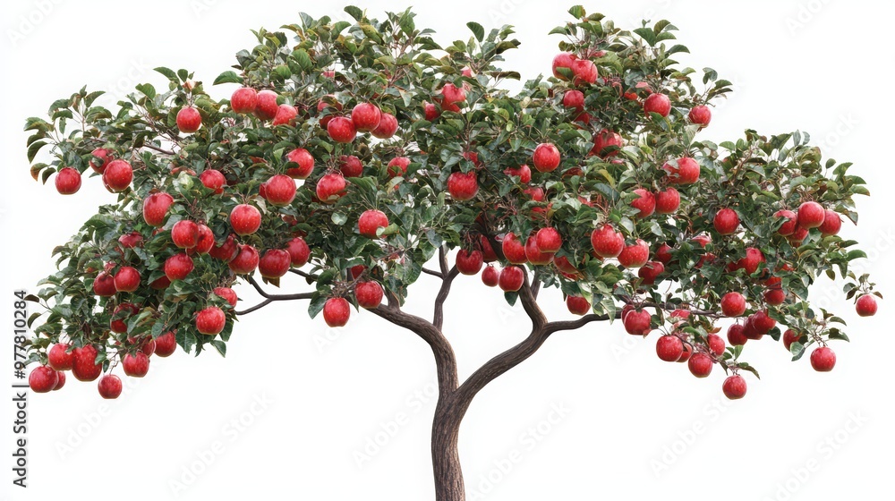 A vibrant apple tree laden with ripe red apples, showcasing healthy foliage and a lush appearance in a bright environment. A vibrant apple tree laden with ripe red apples, showcasing healthy foliage and a lush appearance in a bright environment.