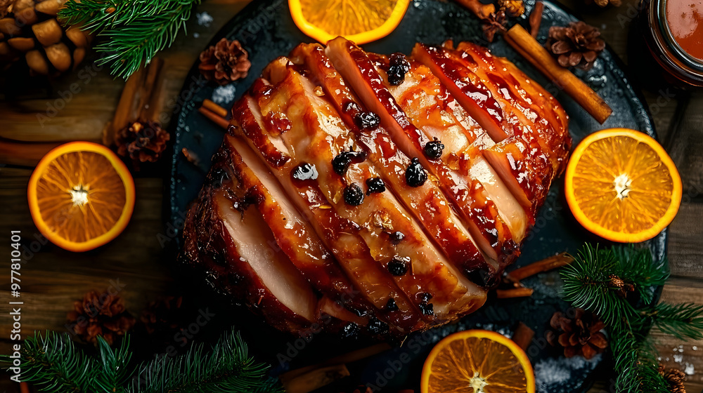 A delicious top view of a holiday ham glazed and garnished with cloves and orange slices, ready for a festive gathering. A delicious top view of a holiday ham glazed and garnished with cloves and orange slices, ready for a festive gathering.