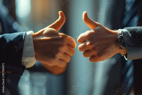 Two businesspeople holding their hands up close together, one showing a thumbs up sign and the other showing a thumbs down sign. The image represents feedback, advice, and disagreement