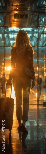 Woman walking with suitcase at airport terminal at sunset, travel concept