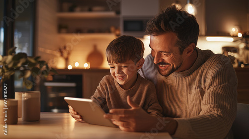 Father and Son Enjoying a Video Call with Family in a Cozy, Modern Kitchen Setting