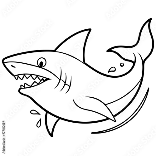 Shark swimming with its dorsal fin breaking the water, sharp teeth visible vector