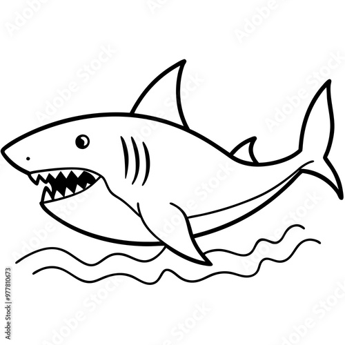 Shark swimming with its dorsal fin breaking the water, sharp teeth visible vector