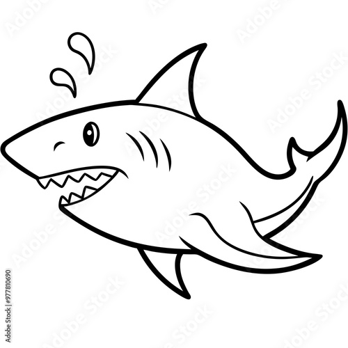 Shark swimming with its dorsal fin breaking the water, sharp teeth visible vector