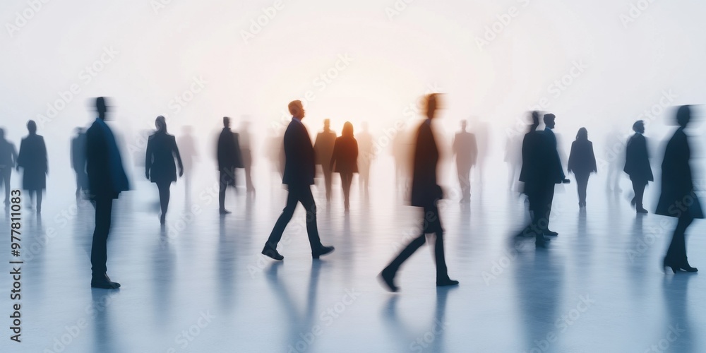 Many business people walking in motion blur, white background Generative AI Many business people walking in motion blur, white background Generative AI