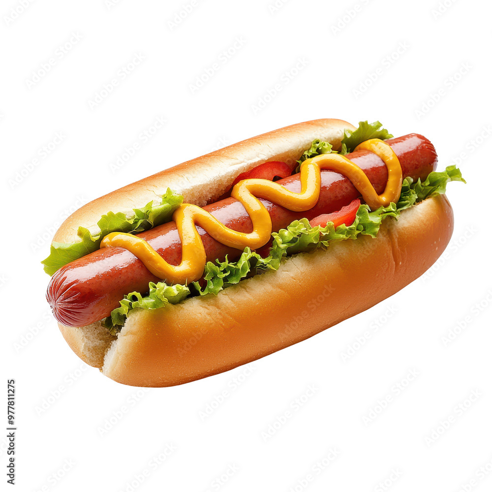 Delicious hot dog with mustard and fresh lettuce, perfect for summer picnics and barbecues. PNG file, Transparent background. Delicious hot dog with mustard and fresh lettuce, perfect for summer picnics and barbecues. PNG file, Transparent background.